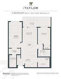 A floor plan for a 2 bedroom apartment with a living room, dining area, kitchen, and bathroom.