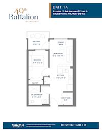 A floor plan for a 40th Battalion apartment shows a living area, kitchen, bathroom, and bedroom.