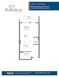 A floor plan for a 40th Battalion apartment shows a living room, bedroom, dining area, kitchen, bathroom, and balcony.