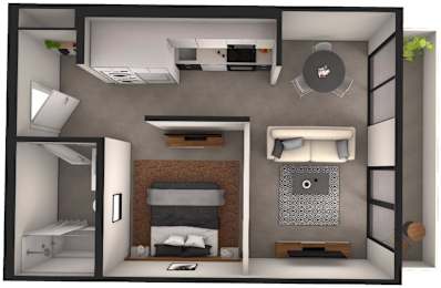A 3D rendered image of a small apartment layout.