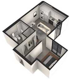 A 3D image of a small apartment with a kitchen, living room, and bathroom.
