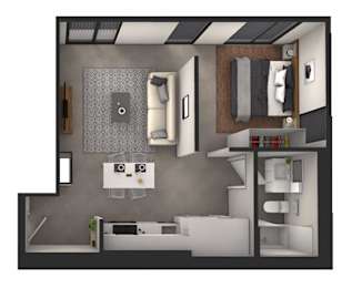 A 3D rendered image of a modern bathroom.
