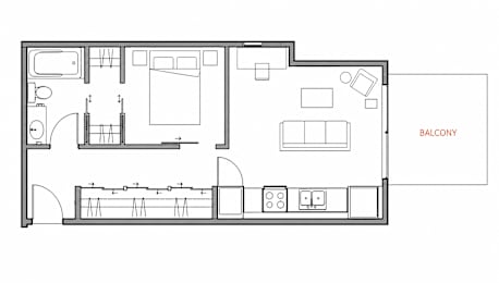 A floor plan of a house with a balcony on the side.