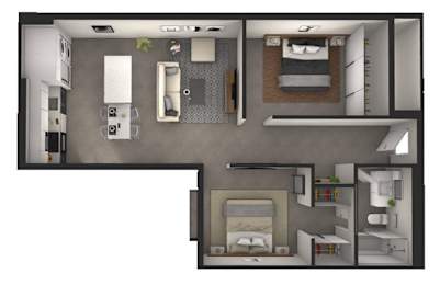 A floor plan of a small apartment with a kitchen, living room, and bedroom.