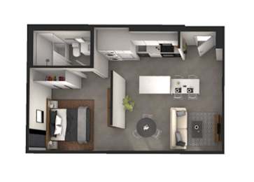 A top-down view of a modern apartment layout with a kitchen, living room, and bedroom.