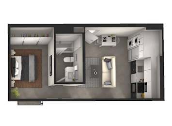 A top down view of a modern apartment with a kitchen, living room, and bathroom.