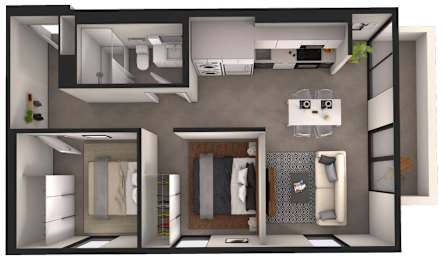 A 3D floor plan of a small apartment with a kitchen, living room, and bathroom.