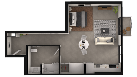 a floor plan of a room with a bathroom and a bedroom