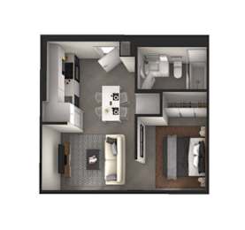 A top down view of a small apartment with a kitchen, living room, and bedroom.