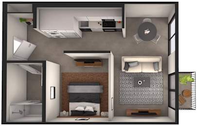 A 3D floor plan of a small apartment with a bedroom, living room, and kitchen.