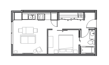 A black and white floor plan of a house with a kitchen, living room, and bathroom.