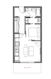 A floor plan of a small apartment with a kitchen, living room, and bathroom.