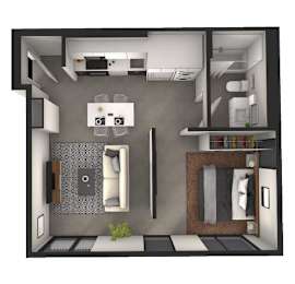 A 3D floor plan of a small apartment with a kitchen, living room, and bathroom.