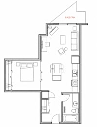A black and white image of a floor plan for a building with a balcony.