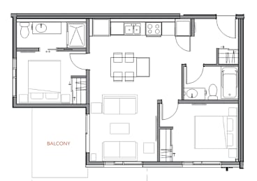 A black and white floor plan of a house with a balcony.