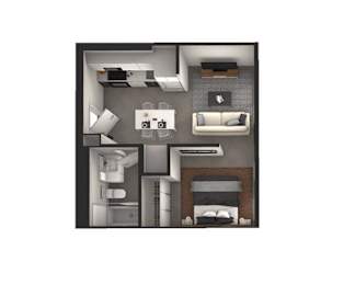 A 3D floor plan of a small apartment with a kitchen, living room, and bedroom.