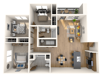 A 3D floor plan of a small apartment with a kitchen, living room, and bedrooms.