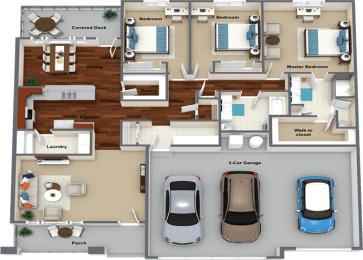3d floor plan of a house with cars in the garage