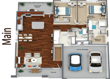 3d floor plan of a residence with a car in the garage