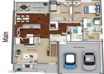 3d floor plan of a residence with a car in the garage