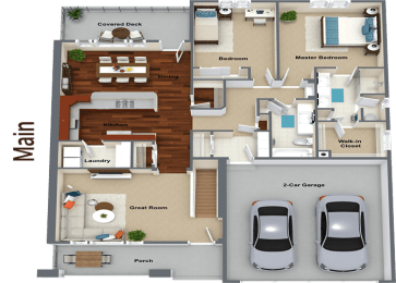 a 3d rendering of a floor plan with cars in the garage