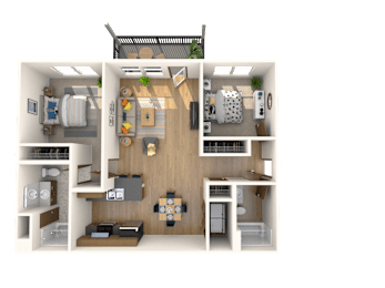 A 3D floor plan of a house showing a living room, kitchen, and two bedrooms.