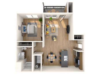 A 3D floor plan of a small apartment with a kitchen, living room, and bathroom.