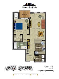 2d floorplan of a 1 bedroom, 1 bathroom unit