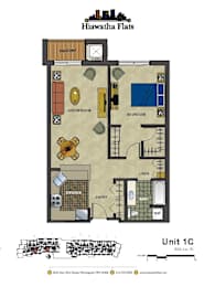 2d floorplan of a 1 bedroom, 1 bathroom unit
