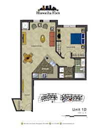 2d floorplan of a 1 bedroom, 1 bathroom unit