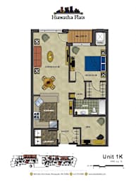 2d floorplan of a 1 bedroom, 1 bathroom unit