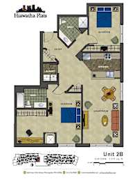 2d floorplan of a 2 bedroom, 2 bathroom unit