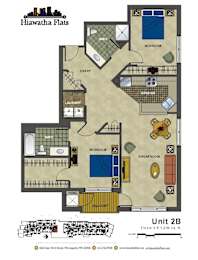 2d floorplan showing the first floor of a 2 bedroom 2 bathroom unit