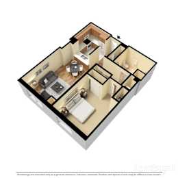 3d floor plan of a 1 bedroom 1 bathroom unit