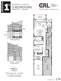 A drawing of a two bedroom building with a floor plan and elevation.