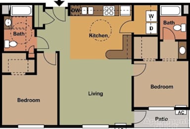 A floor plan of an apartment with a living room, kitchen, two bedrooms and a bathroom.