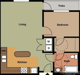 A floor plan of an apartment showing a living room, kitchen, bedroom, bathroom, and patio.