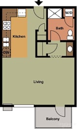 A floor plan of an apartment showing a living room, kitchen, bathroom, and balcony.