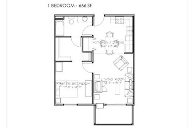 A floor plan of a one bedroom apartment with 666 square feet.