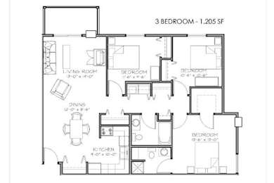 A floor plan of a 3 bedroom apartment with a living room, dining room, kitchen and three bedrooms.