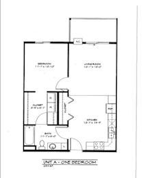 A floor plan of a one bedroom apartment with a living room, bedroom, kitchen and bathroom.