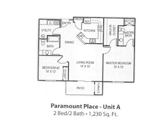 A drawing of a floor plan for Paramount Place - Unit A, a 2 Bed/2 Bath apartment sized at 1,230 Sq. Ft.