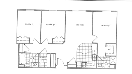 A floor plan of a house with three bedrooms, a living room, a laundry room, a storage area, and a W.I.C.