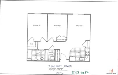 A floor plan of a 2 Bedroom 1 Bath unit with a living room.