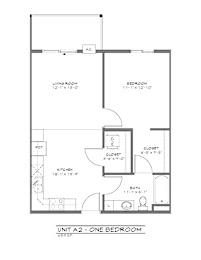 A floor plan of a one bedroom apartment with a living room, bedroom, and kitchen.