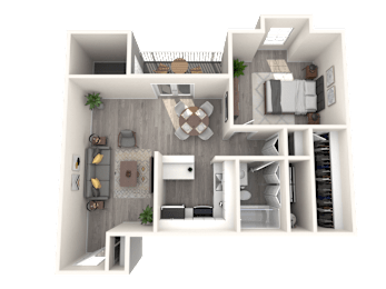 A 3D rendered image of a modern apartment layout.