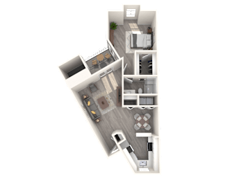 A 3D floor plan of a house with a garage and a living room.