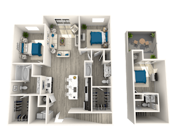 A 3D floor plan of an apartment home at Slate Scottsdale showing 3bedrooms, a living room, a kitchen, 2 bathrooms, and an upstairs loft.
