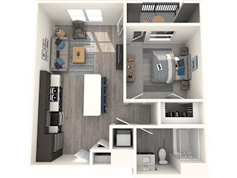 A 3D rendered image of a small apartment layout.