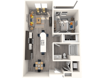 A 3D rendered image of a small apartment layout.